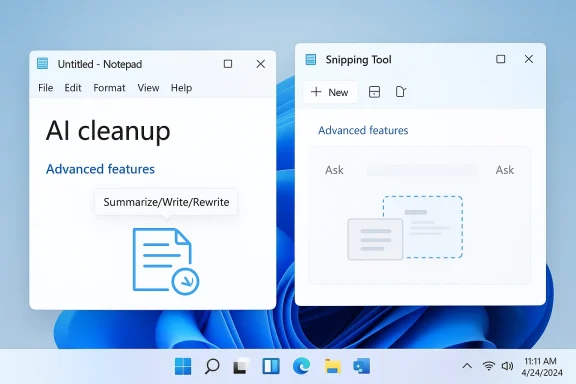 Two Windows app windows show “AI cleanup” and “Spinning Tool” with advanced features on a blue background.