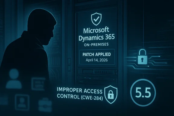 Silhouette of a person with security HUD showing Microsoft Dynamics 365 on-premises patch applied and vulnerability alerts.