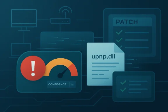 Network security illustration showing a warning icon, file labeled “upnp.dll,” and patch status checks.