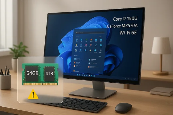 A PC setup shows a monitor labeled Core i7 and a graphic of 64GB RAM/4TB storage in a warning panel.