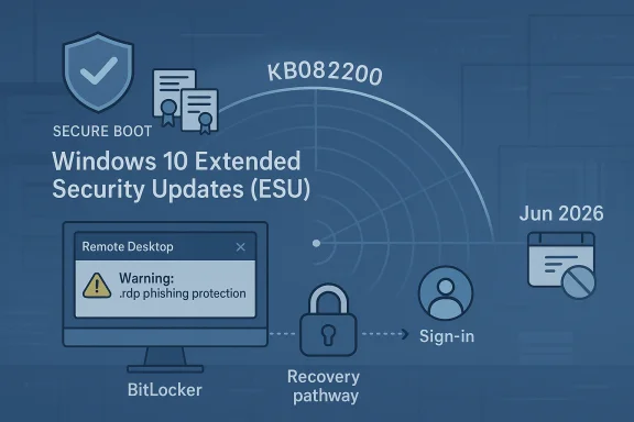 Secure Boot and Windows 10 ESU update warning artwork for KB082200 dated Jun 2026.