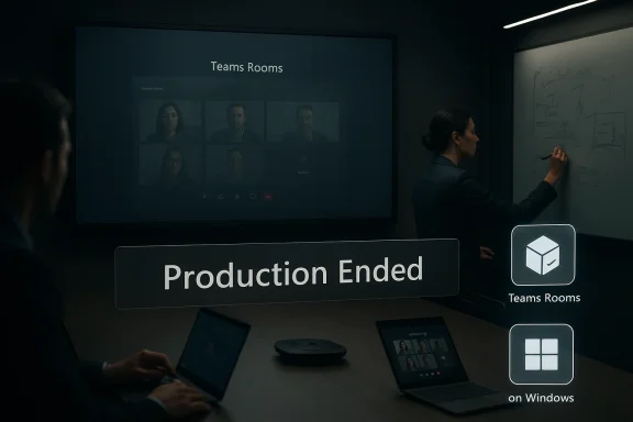 A presenter stands in a conference room beside a screen showing Teams Room participants and “Production Ended.”