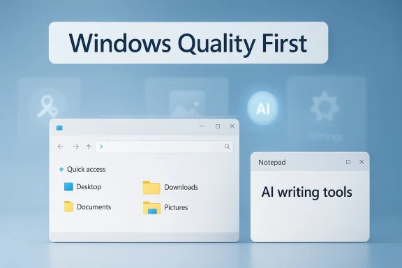 Windows interface mockup with “Windows Quality First” and AI writing tools on a blue background.