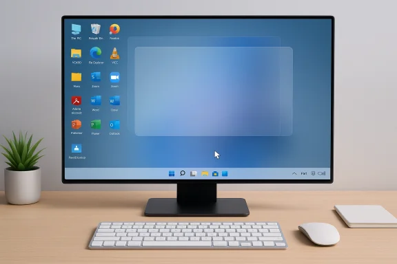 Desktop monitor on a desk displaying a Windows-style desktop with icons, keyboard, and mouse.