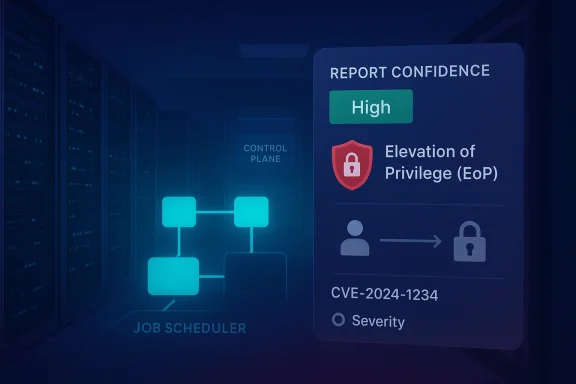 Cybersecurity dashboard shows “Report Confidence: High” with “Elevation of Privilege (EoP)” and CVE-2024-1234.
