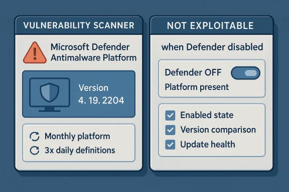 Infographic shows Microsoft Defender Antimalware platform version 4.19.2204 and “not exploitable” when disabled.