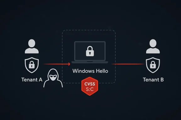 Diagram showing Windows Hello between Tenant A and B, secured by CVSS S:C.