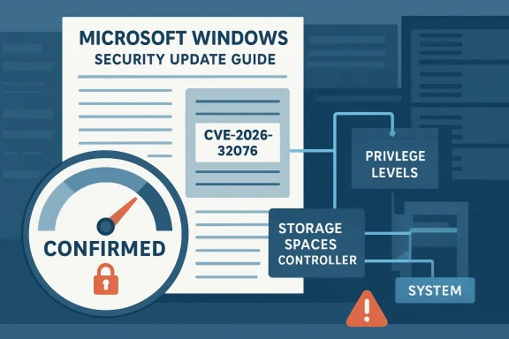 Illustration of a Microsoft Windows security update guide with CVE-2026-32076 and storage/system components.
