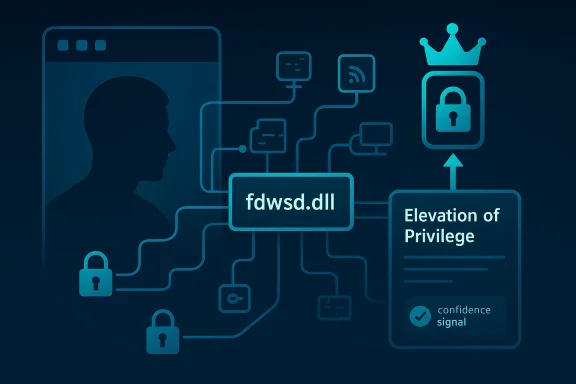 Cybersecurity illustration with servers and an “Elevation of Privilege” concept using glowing blue network lines.