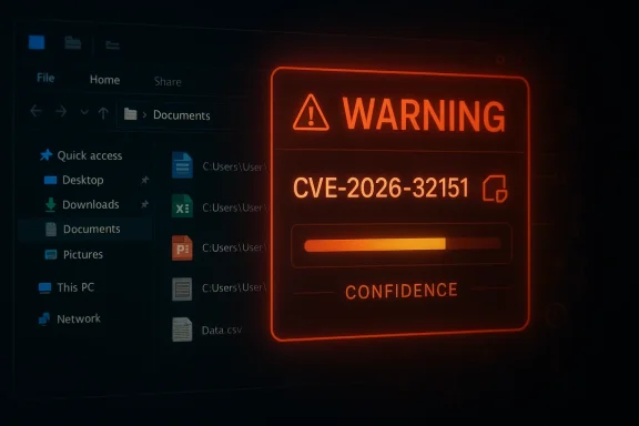 Windows file explorer shows a security alert warning with CVE-2026-32151 and low confidence.