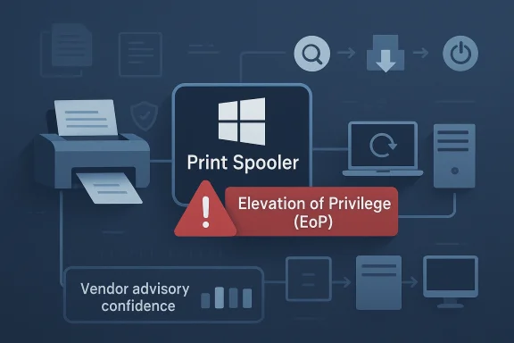 Cybersecurity illustration of Windows Print Spooler with an “Elevation of Privilege (EoP)” warning.