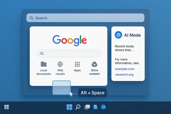 Google search interface on a desktop with “AI Mode” panel and Alt+Space shortcut highlighted.