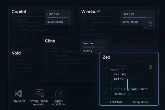 A dark UI graphic comparing Copilot, Windsurf, Cline, and Zed free-tier code completions.