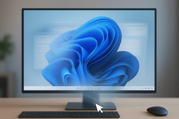 Close-up of a computer monitor showing a blue Windows 11-style ribbon and cursor on a desk.