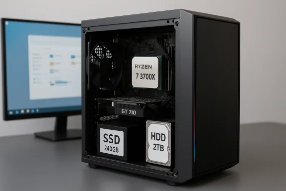 Open PC case showing Ryzen 7 3700X and storage drives labeled SSD 240GB and HDD 2TB.