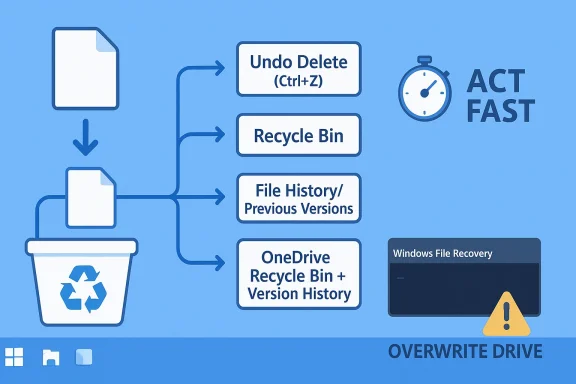 Diagram shows Windows file recovery options: Undo Delete, Recycle Bin, File History, OneDrive, and overwrite warning.