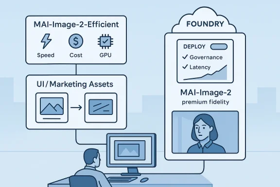 Illustration of a cloud-based “Foundry” deploying MAI-Image-2 with speed, cost, GPU, and UI/marketing assets.