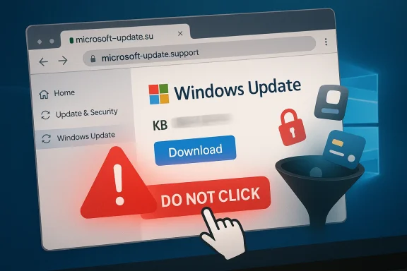 Windows Update page warns “DO NOT CLICK” with a locked download prompt and security icons.