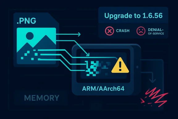Debug graphic showing ARM/AArch64 memory corruption with crash and upgrade to version 1.6.56.