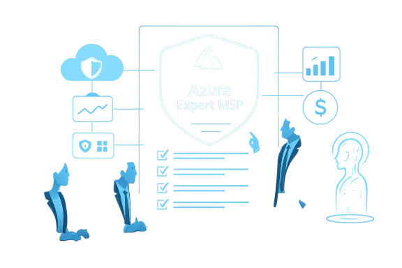 Blue “Azure Expert MSP” shield logo with business figures and connected IT icons.