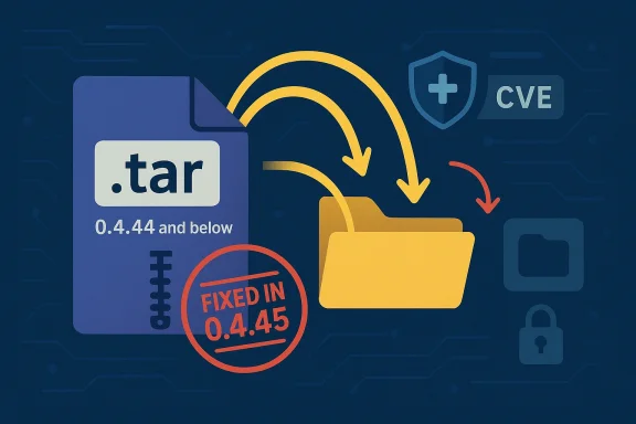 Cybersecurity alert showing file access, tar vulnerability warning, and “Fixed in 0.4.45” notice.