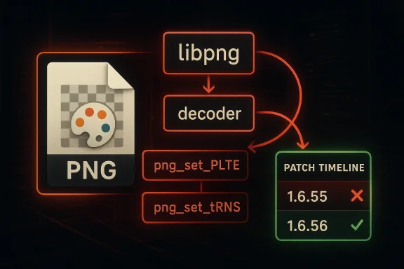 Workflow diagram showing PNG processing with “libpng” decoder and patch timeline versions.