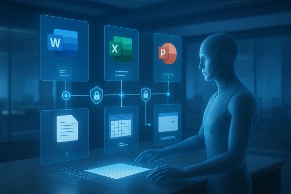 Futuristic blue AI assistant at a computer, connected to Word/Excel/PowerPoint and security locks.