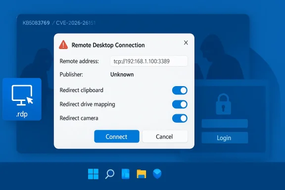 Remote Desktop Connection dialog showing a tcp address and Connect/Cancel options on a blue Windows screen.