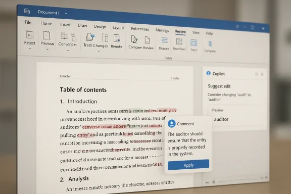 Laptop screen showing a Microsoft Word document with table of contents and a Copilot comment panel.