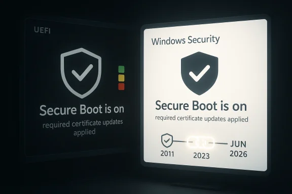Split-screen Windows security display showing Secure Boot is on with required certificate updates applied.