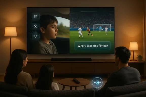 Family watches a soccer match on a TV with “Where was this filmed?” displayed.