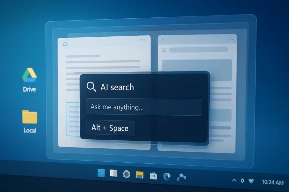 AI search popup overlaying a blue Google Drive-style interface on a computer screen.