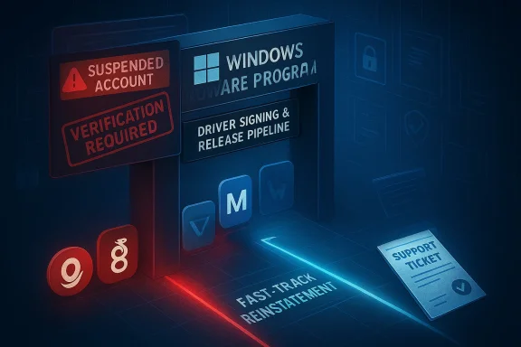 Futuristic Windows malware scene: suspended account, driver signing and release pipeline, reinstallation, support ticket.