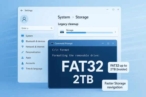 Windows Settings shows System > Storage while a Command Prompt formats a drive as FAT32 up to 2TB.