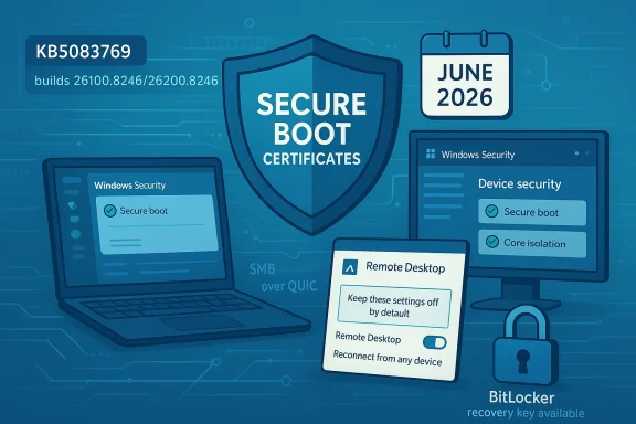 Blue cybersecurity illustration showing a secure boot shield, June 2026 calendar, Remote Desktop and BitLocker.
