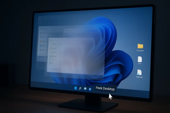 Desktop screen shows Windows 11 with file icons and “Peek Desktop” on a monitor.