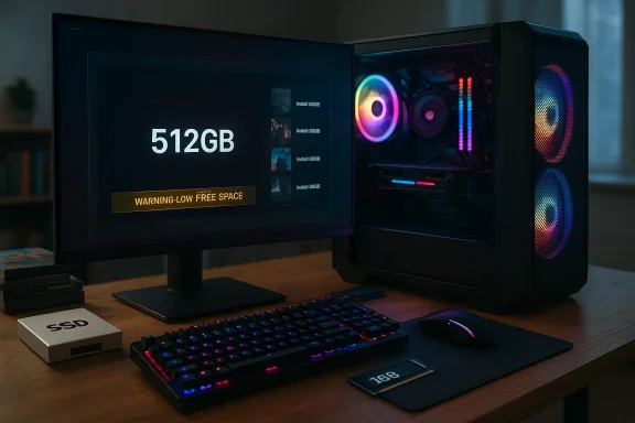 Gaming PC setup on a desk with glowing keyboard, monitor showing “512GB,” and a case with RGB fans.