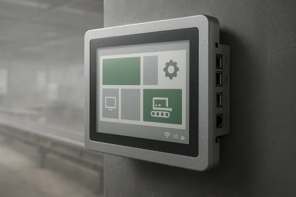 Rugged touchscreen control panel with icons and connectivity ports, mounted in a wet industrial setting.