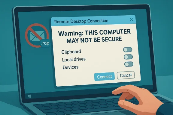 Remote Desktop Connection warning on a laptop screen, with a hand about to click Connect.