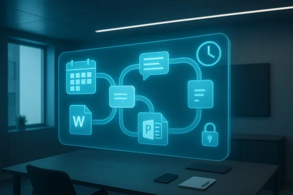 Neon network icon overlay shows connected calendar, chat, Word, PowerPoint, and lock documents on a desk.