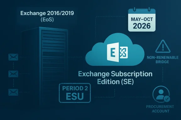 Illustration showing “Exchange Subscription Edition (SE)” with cloud file sync and schedule May–Oct 2026.