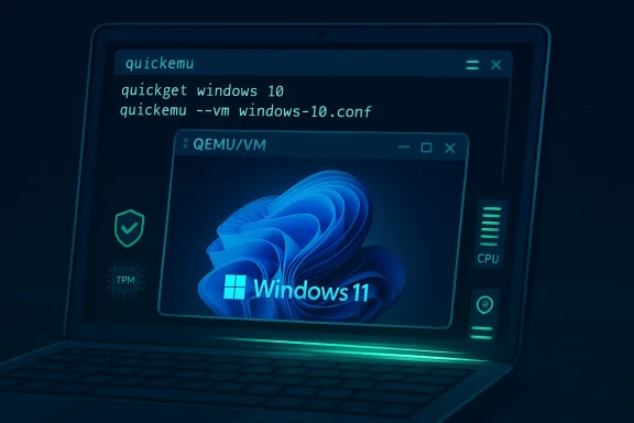 Laptop screen shows QEMU VM running with Windows 11, alongside command text for quickemu.