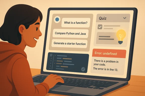 Illustration of a woman coding on a laptop showing a quiz screen with an “error: undefined” message.