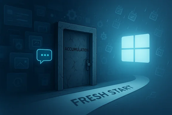 Blue futuristic doorway labeled “ACCUMULATION” with a glowing “FRESH START” floor and tech icons.