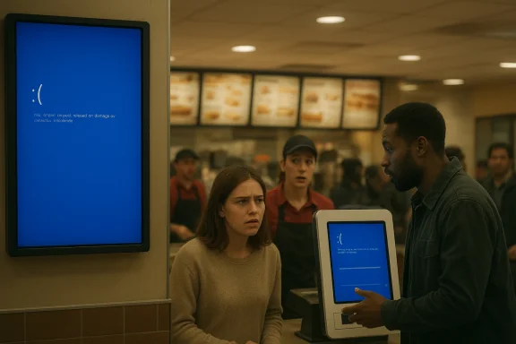 A man and woman in a grocery store react to error screens on a kiosk and a display.