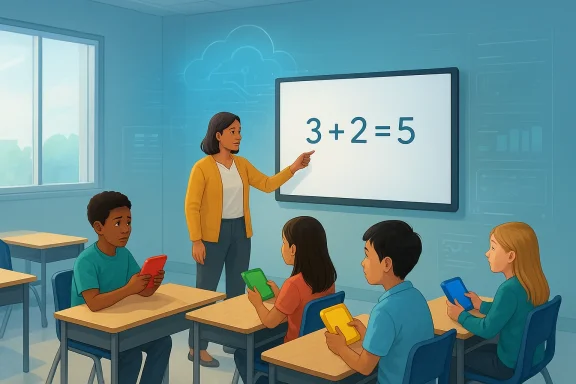 Teacher explains math on a classroom board with kids holding colorful tablets, showing “3 + 2 = 5.”