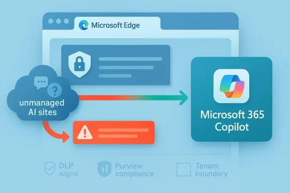 Microsoft Edge security flow illustrating unmanaged AI sites and Microsoft 365 Copilot.