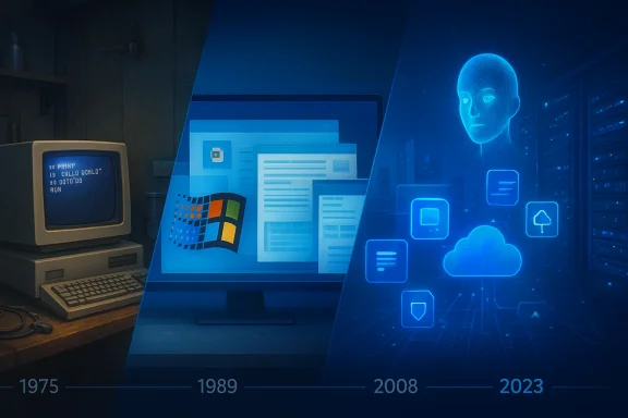Futuristic blue holographic computing interface beside an old computer, with server icons and a glowing alien face.