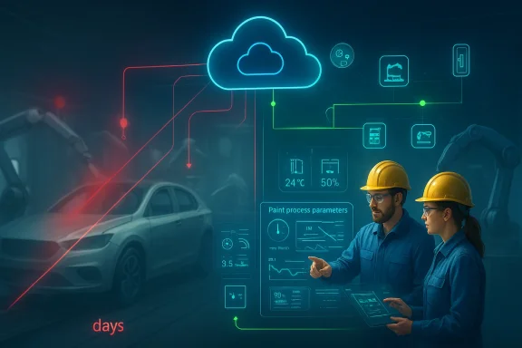 Engineers wearing hard hats review cloud-based digital dashboards with temperature and humidity controls.