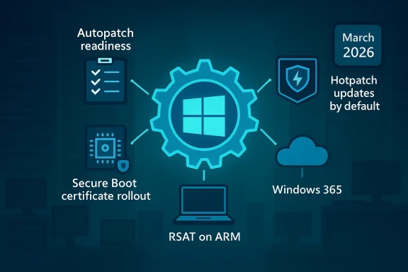 Neon tech graphic showing Windows 365, Autopatch readiness, Hotpatch updates, and security features like Secure Boot and RSAAT.